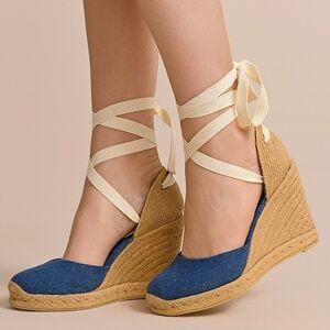 👡 ALDO Denim Lace-Up Wedge Heels – Size 7.5 | Round Toe | With Box